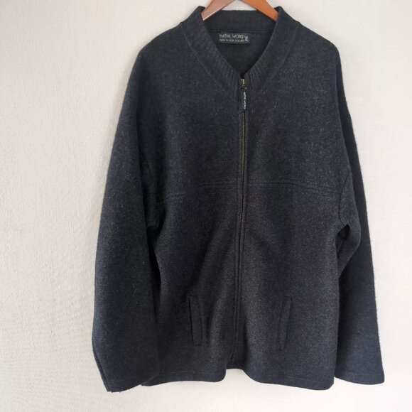 Native World Merino Wool Jacket Mens XL Charcoal Possum Fur Full Zip Pockets - Picture 1 of 12